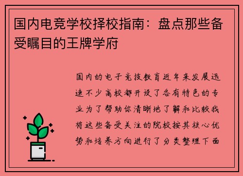 国内电竞学校择校指南：盘点那些备受瞩目的王牌学府